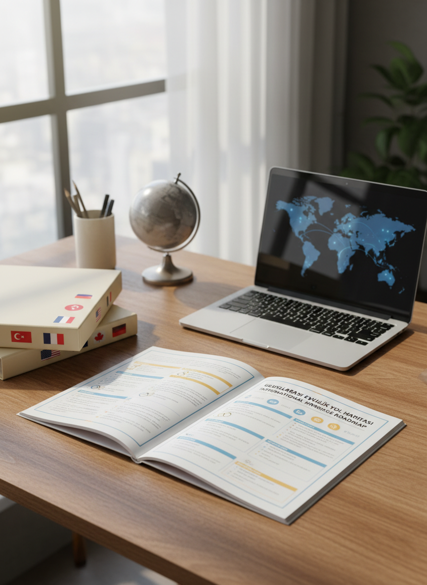 A neatly organized wooden office desk displaying an open, bilingual marriage consulting roadmap booklet in Turkish and English, with crisp white pages, structured timelines, and icon-based checklists highlighted in soft blue and gold. Beside it lies a stack of official-looking document folders labeled with different country flags, a sleek silver laptop showing a world map with connecting lines, and a small globe on a matte metal stand. Soft daylight from a large window washes over the scene, creating gentle reflections on the laptop and subtle shadows on the textured wood surface. Photographic realism, eye-level composition, clean and modern aesthetic, conveying professionalism, clarity, and trust in international marriage consulting.