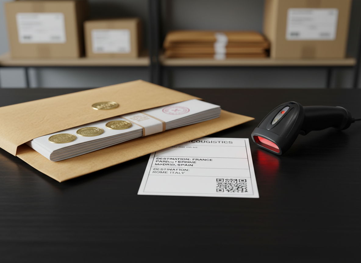 A tidy collection of courier and logistics elements on a dark, satin-finished desk surface: a partially open padded envelope containing neatly stacked, banded documents with visible apostille and notary seals, a printed international shipping label with European destinations, and a compact barcode scanner resting to the side. A subtle reflection on the desk adds depth, while a blurred background shows indistinct shelving with more labeled envelopes. Directional overhead lighting highlights the embossed stamps and paper edges, creating a sense of secure, professional handling. Photographic realism, close-up composition with shallow depth of field, conveying reliability and safety in transporting sensitive marriage documents across borders.