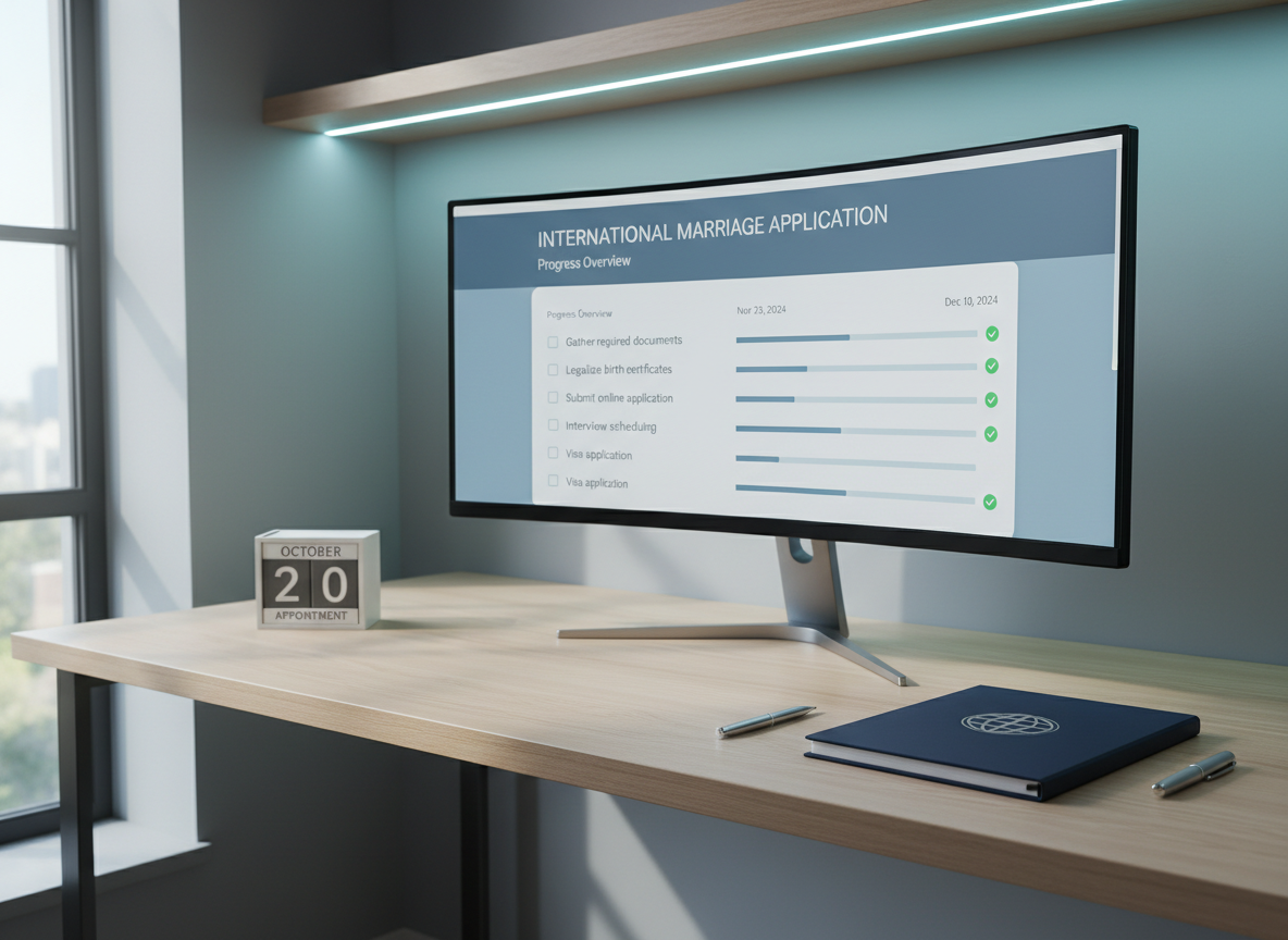 A modern, minimalist workspace featuring a large, ultra-wide monitor displaying a detailed digital checklist for an international marriage application, with progress bars, checkmarks, and due dates in a calm blue and gray color palette. Next to the monitor sits a closed navy-blue document folder embossed with a subtle globe icon, atop which rests a fine-point pen. The desk surface is a light oak texture, completely uncluttered except for a small, understated calendar block showing an approaching appointment date. Soft, cool-toned office lighting combined with faint natural light from a side window creates a balanced, focused ambiance. Photographic realism, three-quarter angle, emphasizing clarity, control, and time-saving organization.