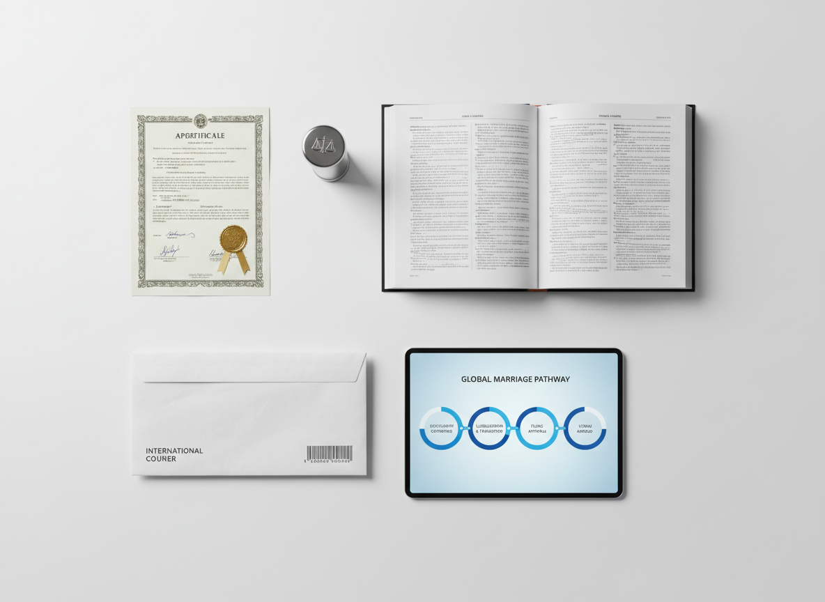 A carefully curated flat lay of tools used in international marriage consulting, arranged on a matte white background: an apostille certificate with visible embossed seal, a polished metal notary stamp, a pair of translation dictionaries, a secure-looking courier envelope with tracking barcode, and a tablet displaying a simplified step-by-step marriage process diagram. Soft, even studio lighting eliminates harsh shadows, giving each object crisp edges and subtle texture, from the fine paper grain to the brushed metal. Photographic realism, top-down bird’s-eye view, minimalist, clean aesthetic that communicates efficiency, transparency, and a streamlined path through complex bureaucracy.