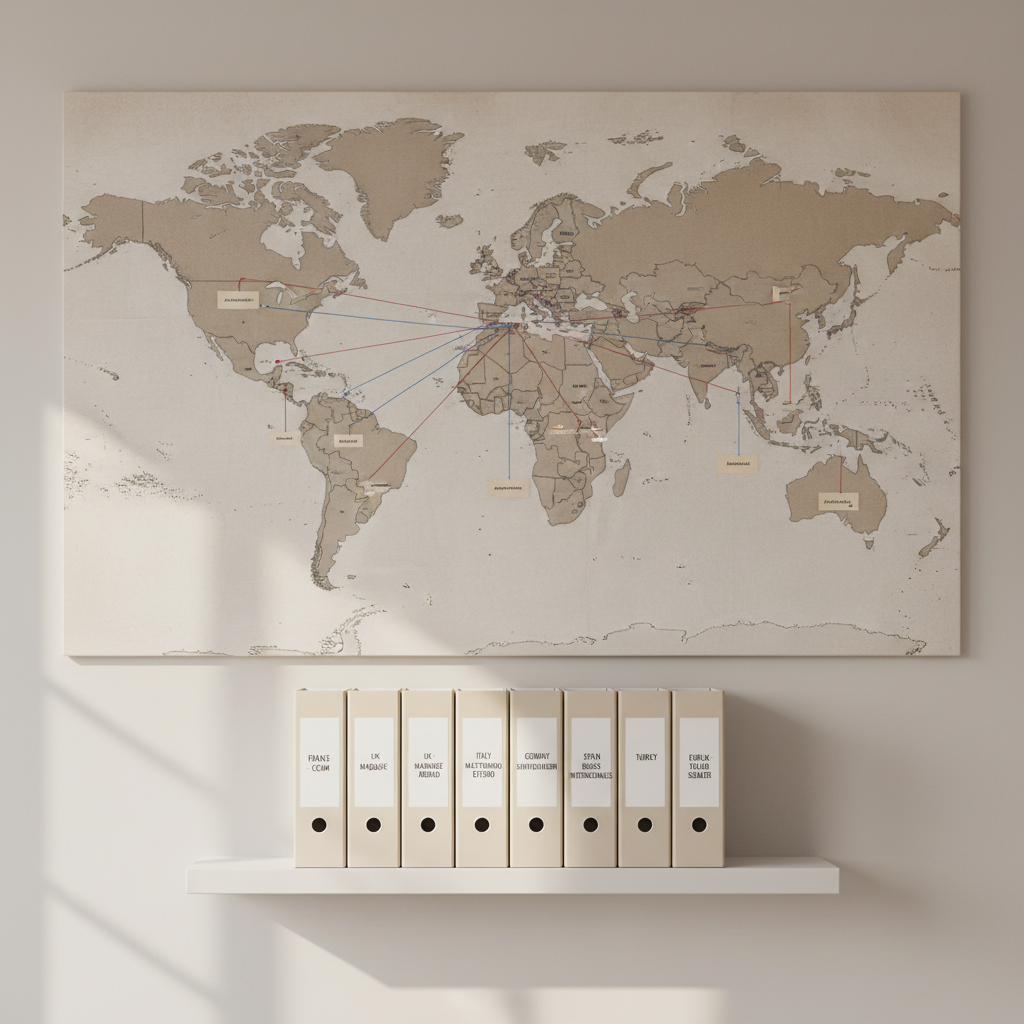 A large wall-mounted world map in soft neutral tones, with thin red and blue strings connecting various European cities to Istanbul and Ankara, small labeled tags indicating ‘documents’, ‘appointments’, and ‘translation’. Below the map, a narrow white shelf holds matching binders, each spine labeled with specific country names and marriage procedure codes. Gentle afternoon light filters in from an unseen side window, creating delicate gradients across the map surface and faint shadows beneath the shelf. Photographic realism, straight-on composition, moderate depth of field to keep all details clear. The mood is strategic yet reassuring, symbolizing well-coordinated cross-border marriage consulting.